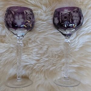 2 AJKA MARSALA Amethyst Purple Cut-to-Clear Crystal Wine Hock Glasses/Goblet 8"